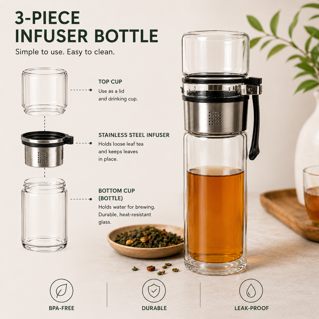 3-piece infuser bottle with tea and leaves on a neutral background