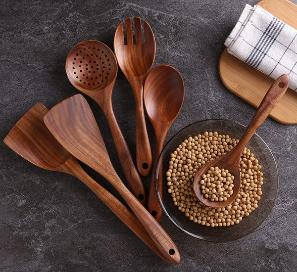 Handmade Kitchen Wooden Cooking Utensils Set - Non-stick Cooking Spoons, Spatula & Salad Fork