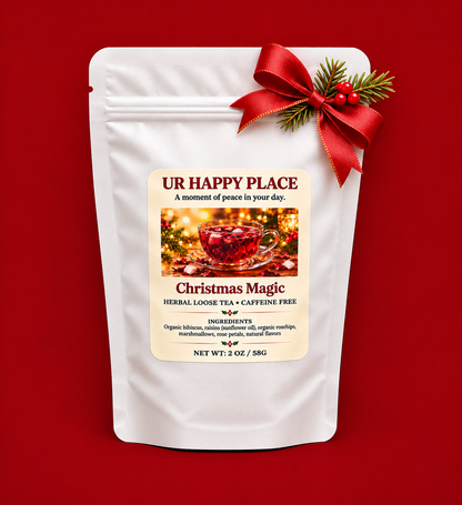 A white stand-up pouch of UR Happy Place Christmas Magic herbal loose tea, decorated with a red ribbon and pine sprigs, set against a solid red background.