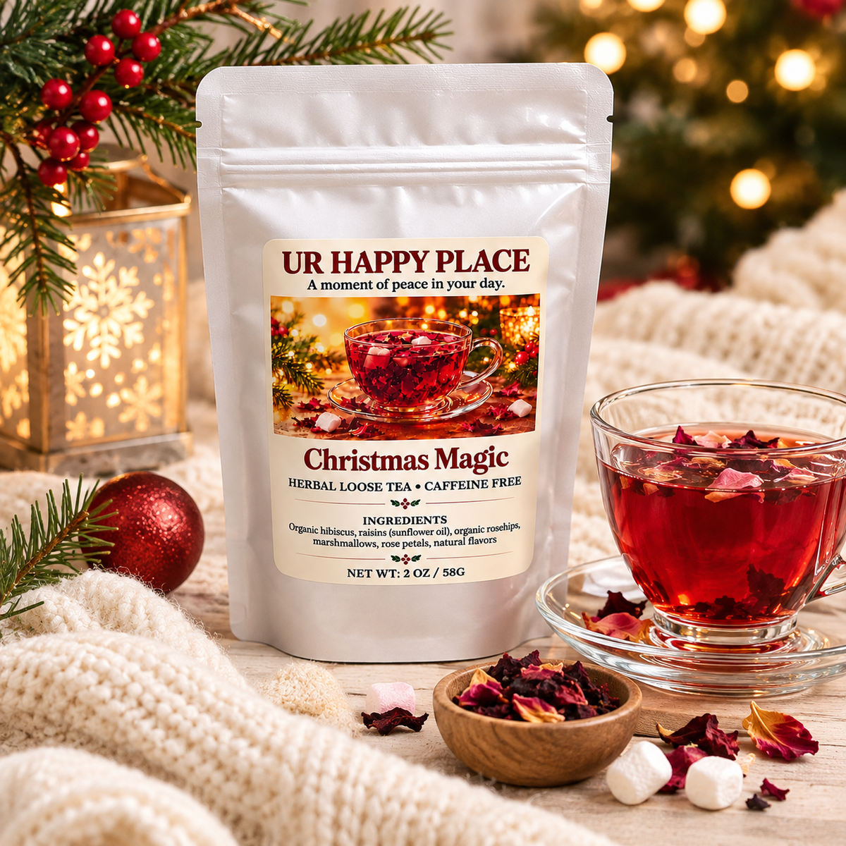 A stand-up pouch of UR Happy Place Christmas Magic herbal loose tea is shown on a cozy holiday table setting with a glass of red tea, dried rosebuds, marshmallows, pine branches, ornaments, and warm blurred lights in the background.