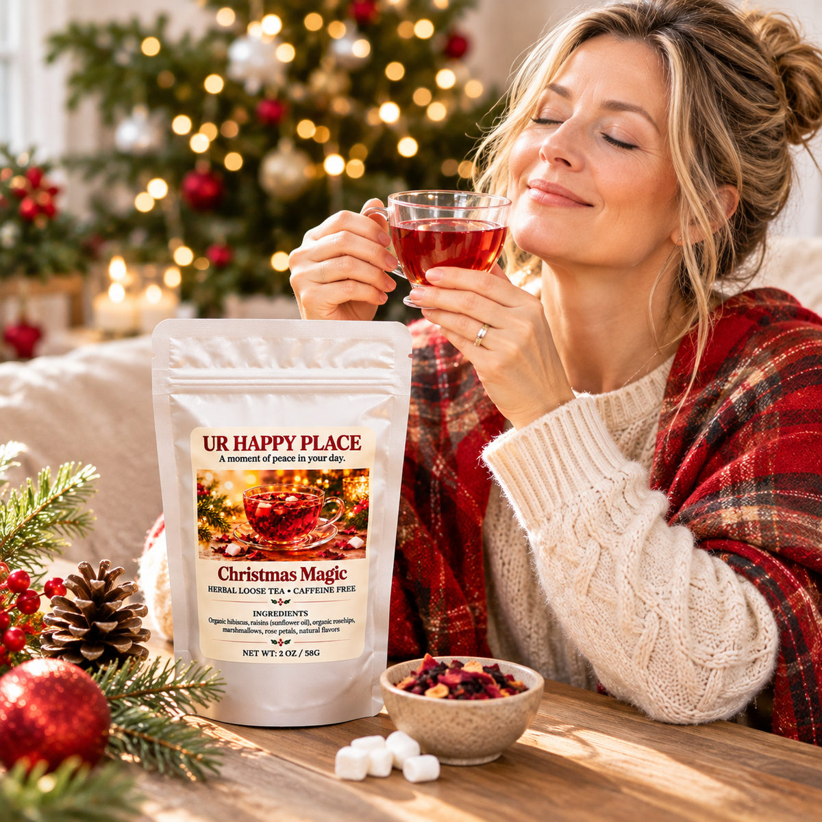 A woman in a cozy holiday setting holds a glass of red tea beside a stand-up pouch of UR Happy Place Christmas Magic herbal loose tea. The scene includes a blurred Christmas tree in the background, festive greenery, red ornaments, and a small bowl of loose tea ingredients on a wooden table.