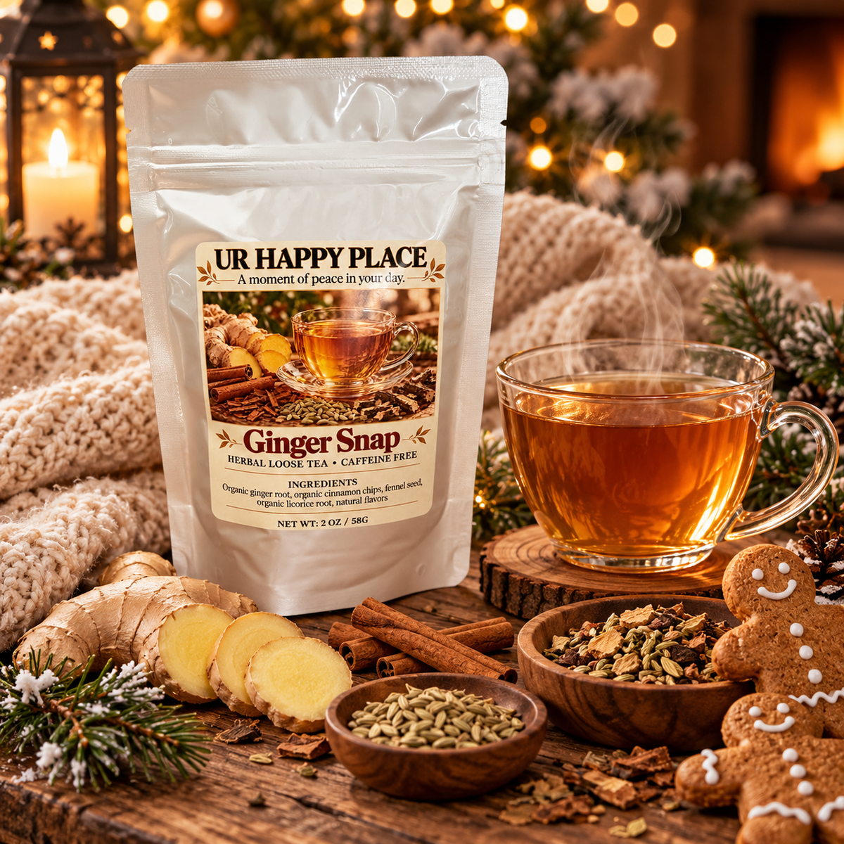 A stand-up pouch of UR Happy Place Ginger Snap herbal loose tea is displayed on a rustic wooden table with a glass cup of amber tea, ginger root, cinnamon, loose tea leaves, and a gingerbread cookie in a cozy holiday setting.