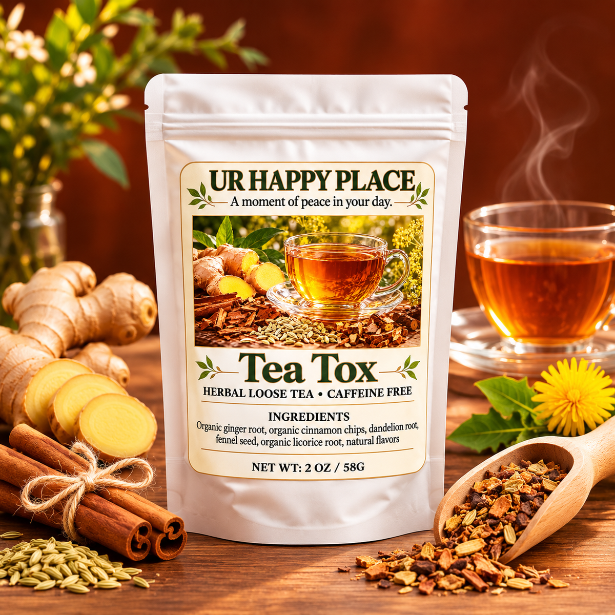 A stand-up pouch of UR HAPPY PLACE Tea Tox herbal loose tea centered on a wooden table, surrounded by ginger roots, cinnamon sticks, loose tea leaves in a spoon, and a glass of amber tea with steam. The package label shows a tea cup illustration and the brand name UR HAPPY PLACE.