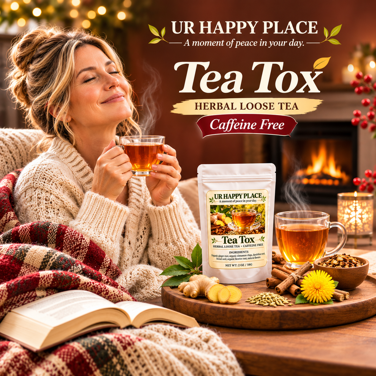 A cozy lifestyle scene shows a woman wrapped in a plaid blanket and reading under warm lights while holding a cup of tea. In the foreground, a stand-up pouch of UR Happy Place Tea Tox herbal loose tea is displayed beside another cup, ginger, cinnamon, and tea ingredients on a wooden tray.