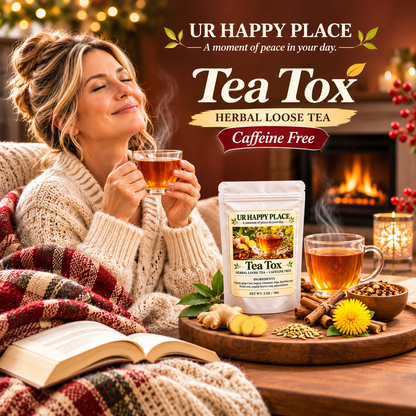 A cozy lifestyle scene shows a woman wrapped in a plaid blanket and reading under warm lights while holding a cup of tea. In the foreground, a stand-up pouch of UR Happy Place Tea Tox herbal loose tea is displayed beside another cup, ginger, cinnamon, and tea ingredients on a wooden tray.