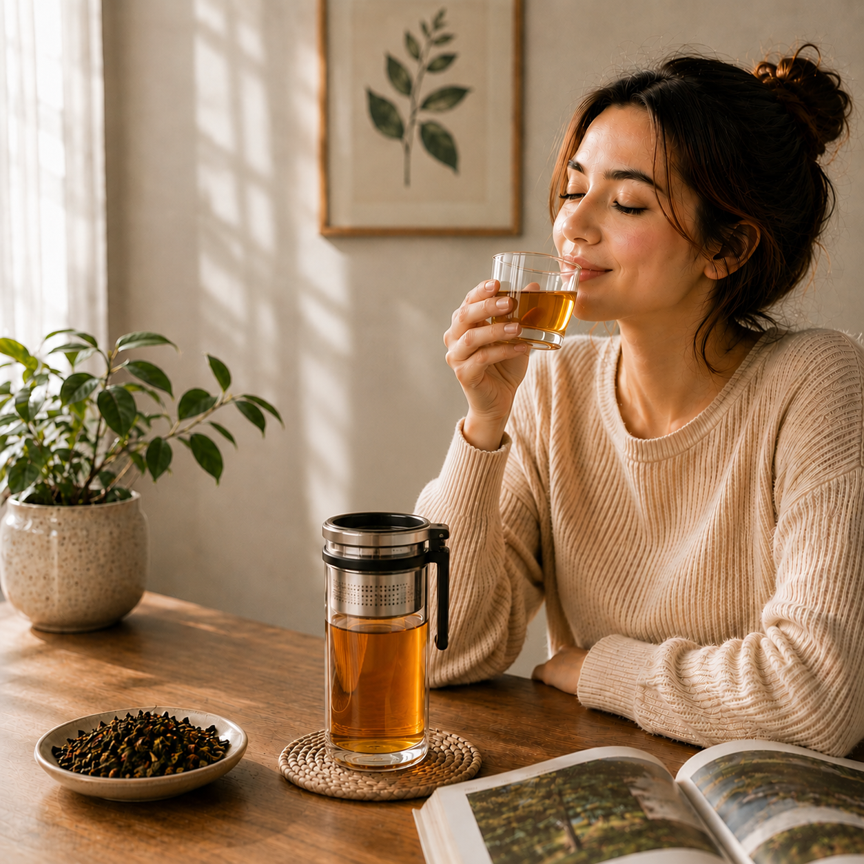 Woman enjoying a cup of tea in a cozy room with a plant and open book on the table.