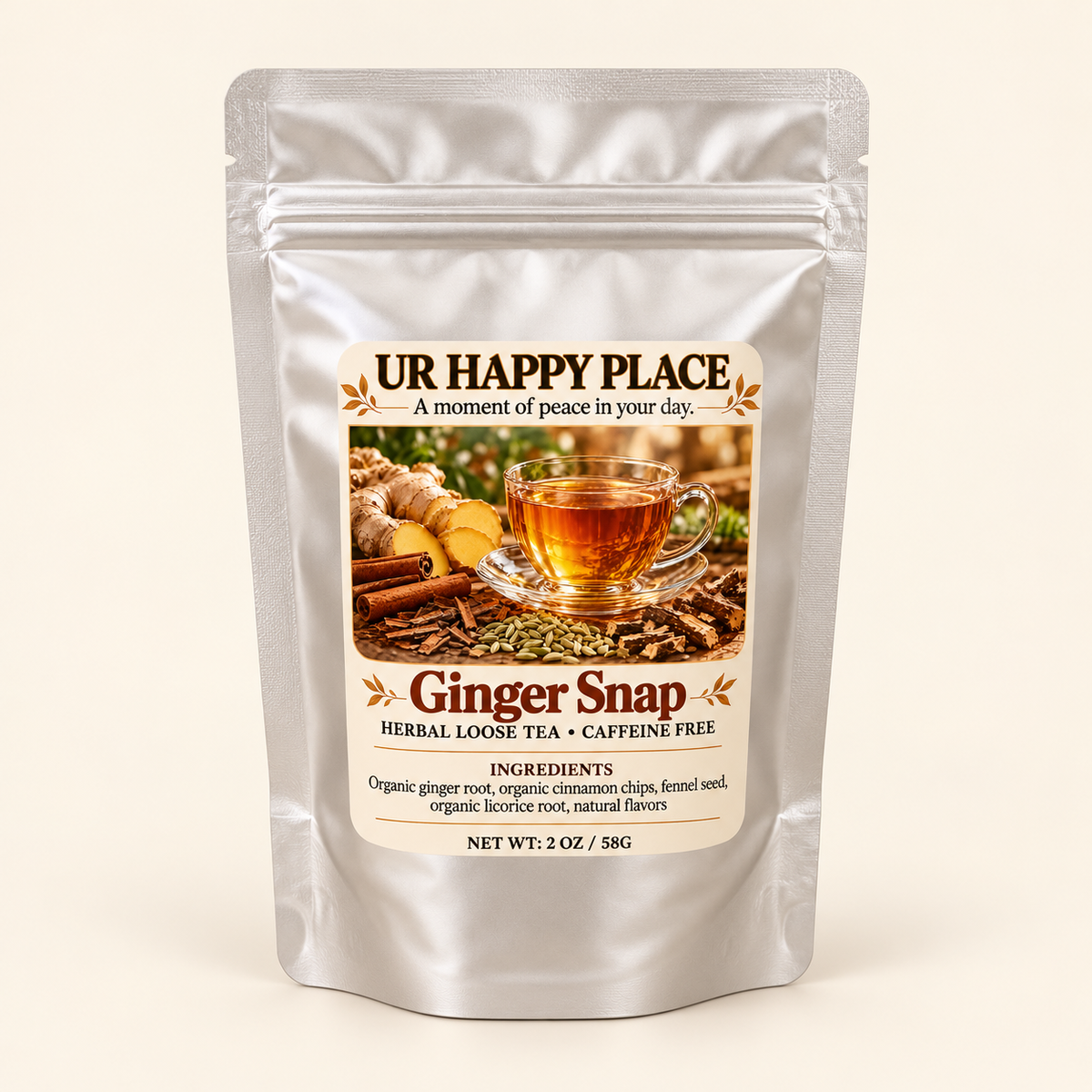 A silver stand-up pouch of UR Happy Place Ginger Snap herbal loose tea, featuring a front label with a cup of ginger tea and warm spice imagery, set against a plain cream background.