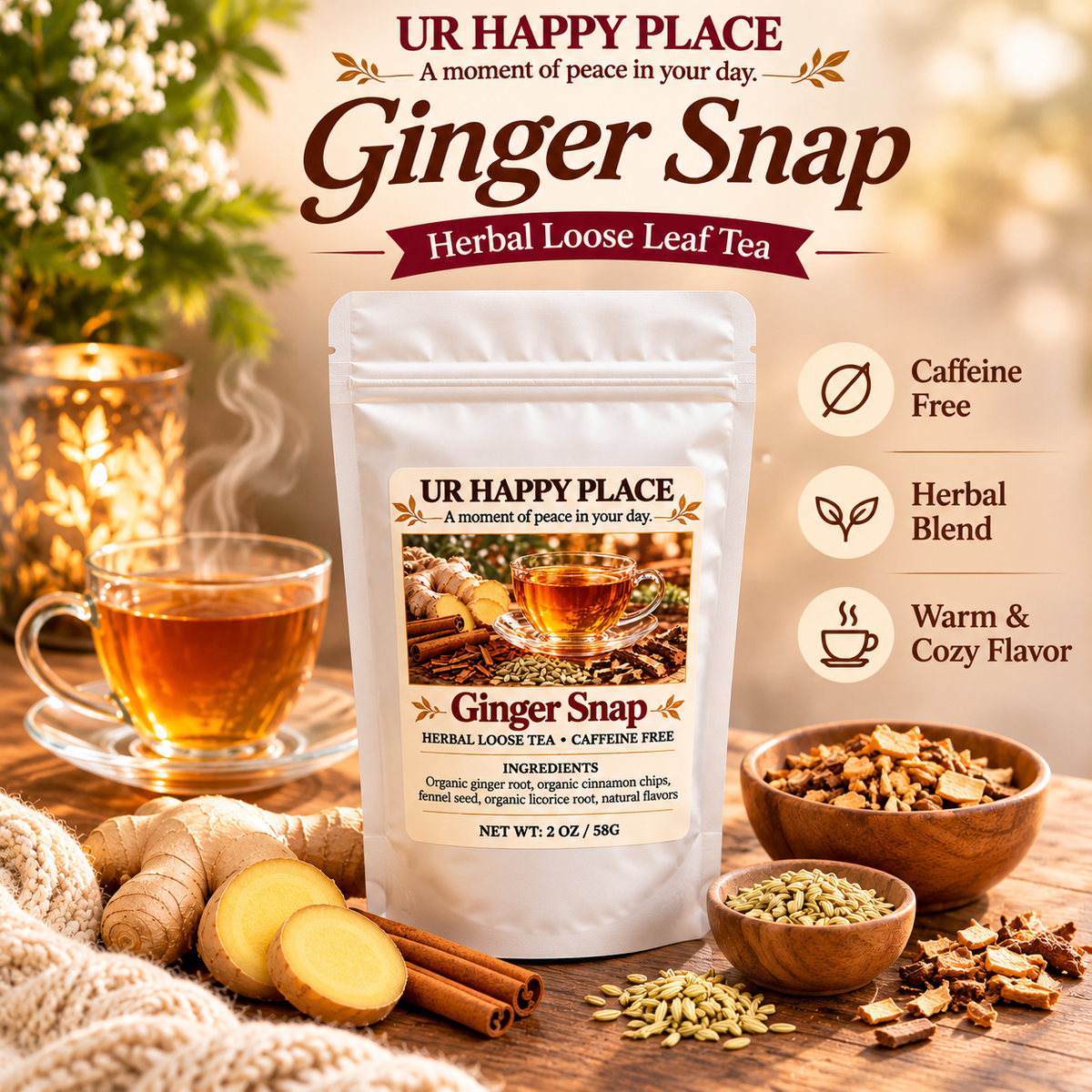 A stand-up pouch of UR Happy Place Ginger Snap Herbal Loose Leaf Tea is centered on a warm, styled background with a glass of ginger tea, ginger root, cinnamon, and small bowls of ingredients. Text on the image highlights caffeine-free, herbal blend, and warm cozy flavor attributes.