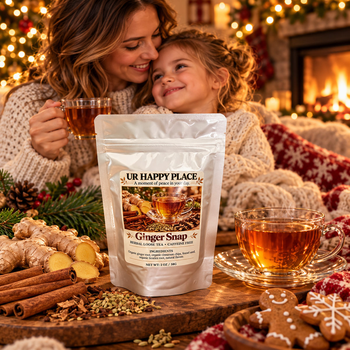 A stand-up pouch of UR Happy Place Ginger Snap herbal tea and spices is displayed on a wooden table in a cozy holiday setting with a woman and child, glasses of tea, ginger, cinnamon, and cookies in front of a warm fireplace.