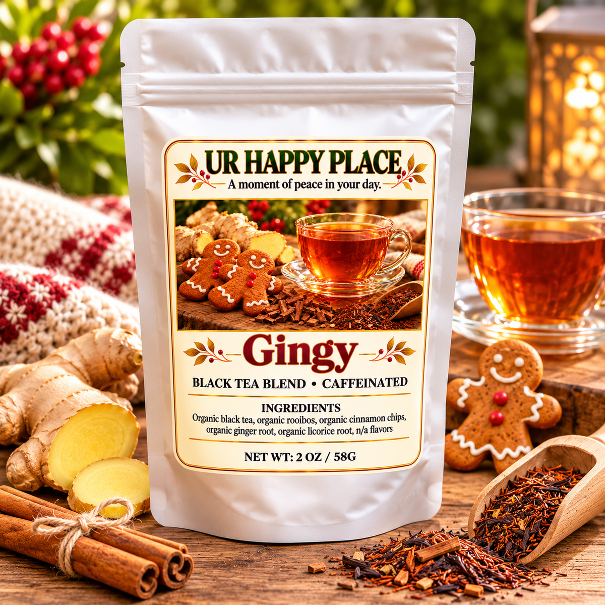 A white stand-up pouch of UR Happy Place Gingy Black Tea Blend Caffeinated tea, displayed on a rustic wooden table with ginger roots, cinnamon sticks, loose tea, and a glass of amber tea in the background.