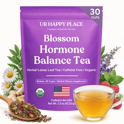 Blossom Hormone Balance Tea package with a cup of tea and tea leaves on a white background