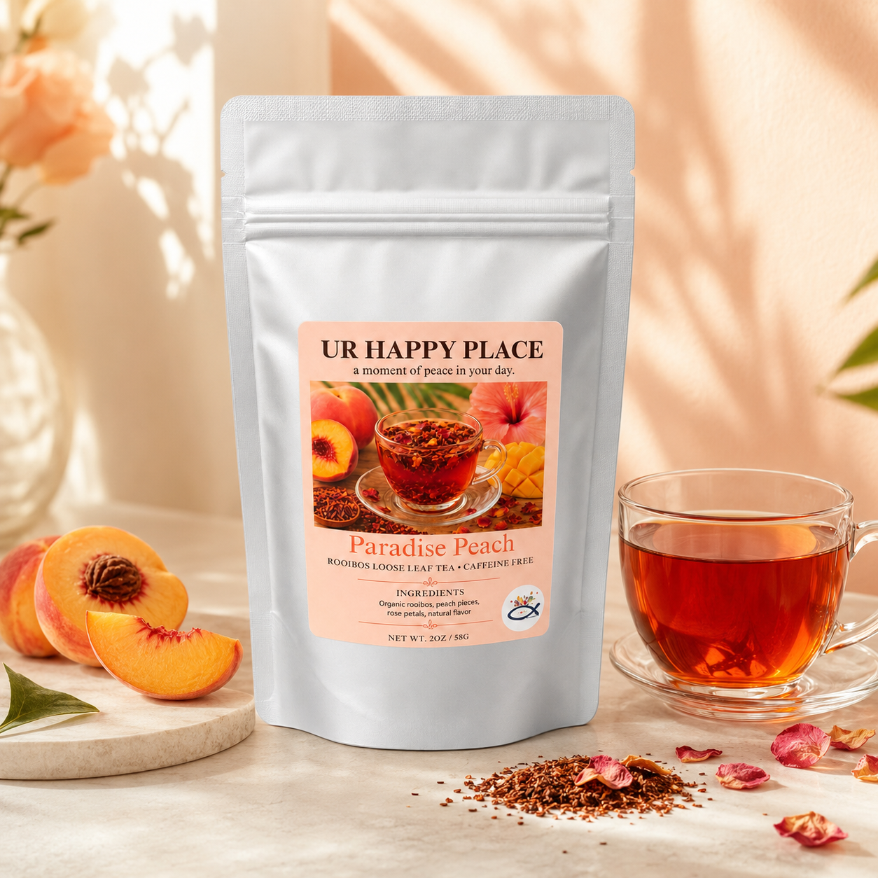 Paradise Peach Rooibos loose leaf tea pouch displayed with a glass cup of tea, fresh peaches, rose petals, and loose rooibos leaves.