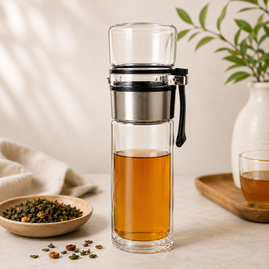 Clear glass tea infuser with tea leaves and a cup of tea on a neutral background