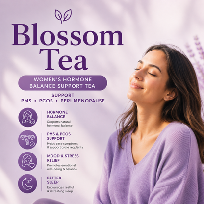 Advertisement for Blossom Tea, a women's hormone balance support tea, with a woman in a purple sweater against a purple background.