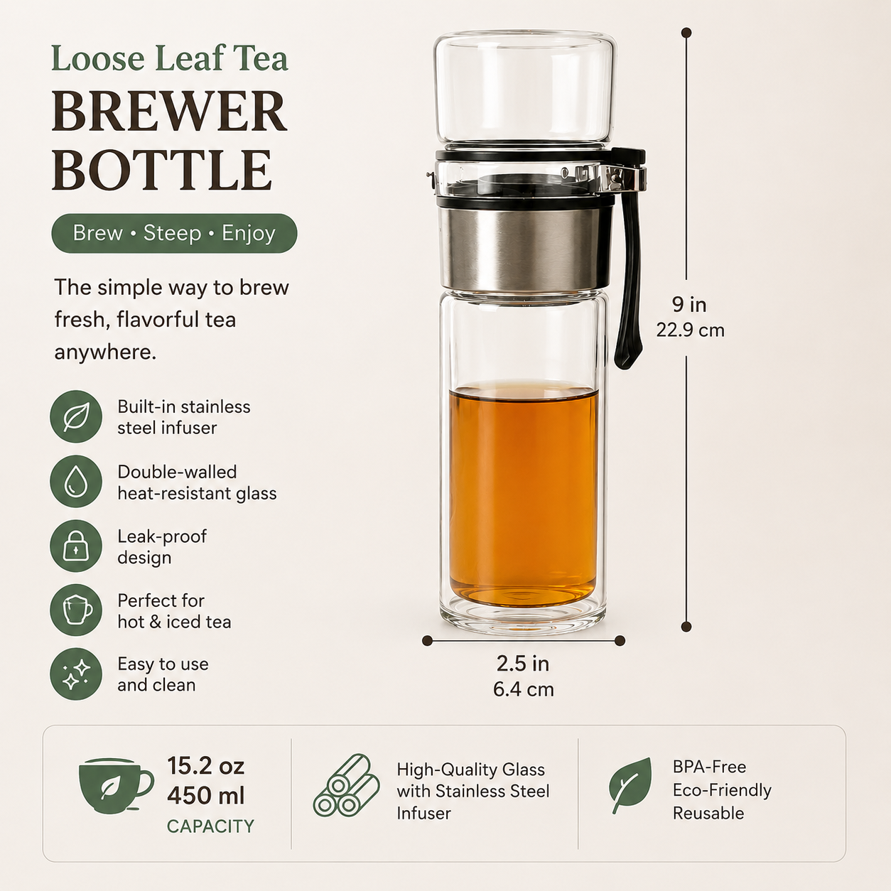 Loose leaf tea brewer bottle with features and dimensions on a beige background
