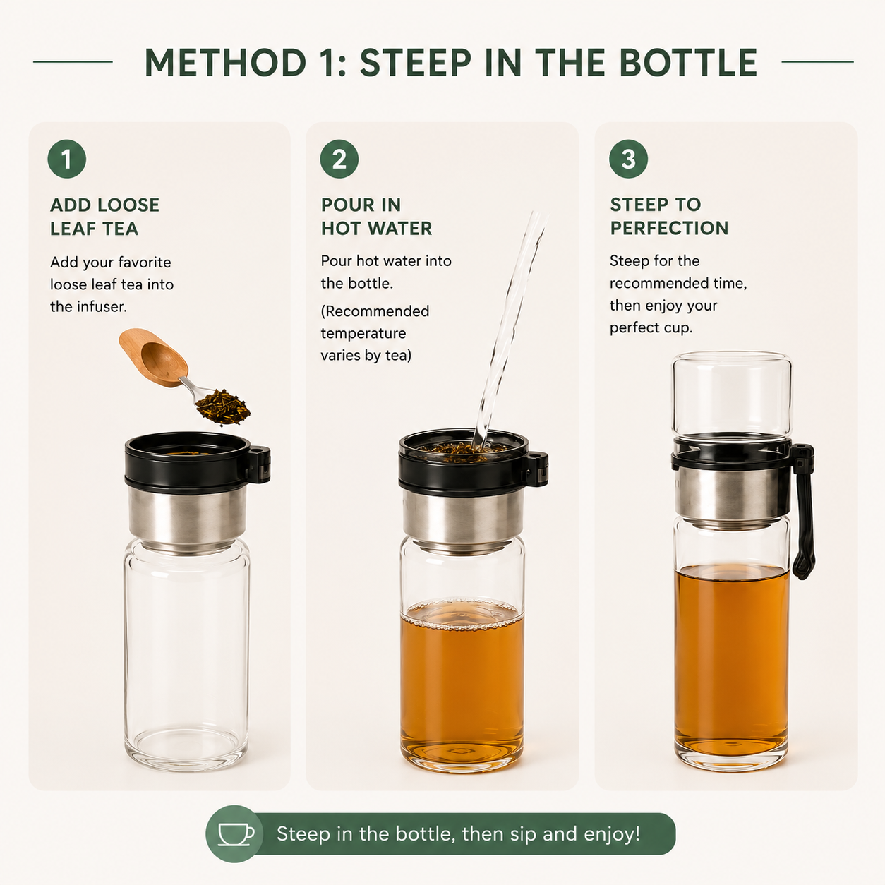 Step-by-step guide on how to use a glass tea bottle with infuser.