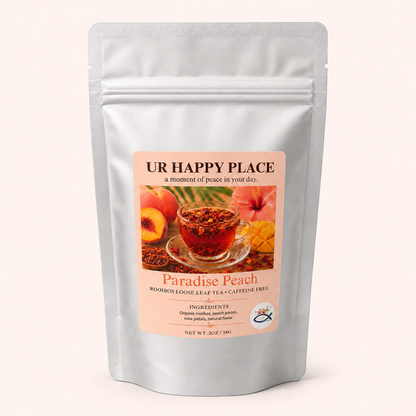 UR Happy Place Paradise Peach caffeine-free rooibos loose leaf tea in a 2 oz resealable silver pouch.