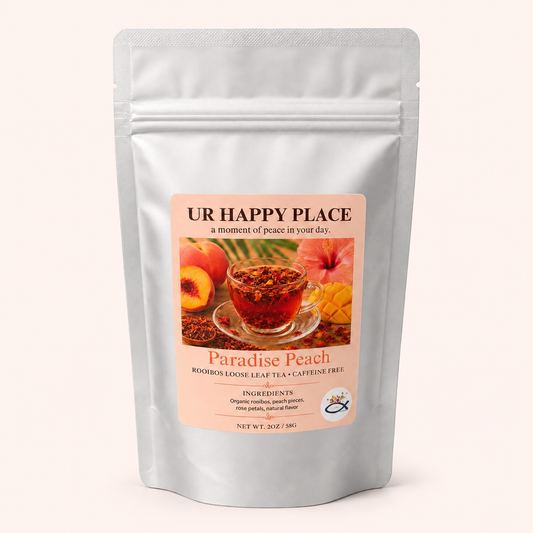 UR Happy Place Paradise Peach caffeine-free rooibos loose leaf tea in a 2 oz resealable silver pouch.