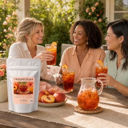 Three women enjoying Paradise Peach rooibos iced tea with fresh peaches on a sunny outdoor patio.