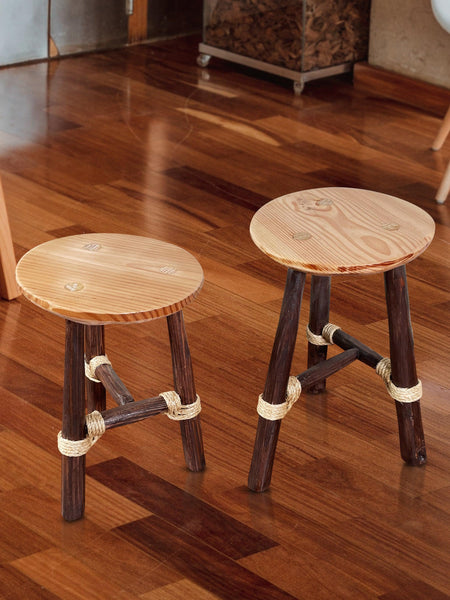 Handmade Wooden Stool with Unique Rope Detail - Ideal for Living Room & Bathroom Decor