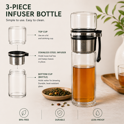 3-piece infuser bottle with tea and leaves on a neutral background