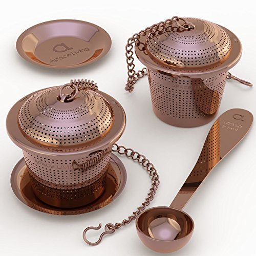 Loose Leaf Tea Infuser (Set of 2) with Tea Scoop and Drip Dray by Apace - Ultra Fine Stainless Steel Strainer & Steeper for a Superior Brewing Experience